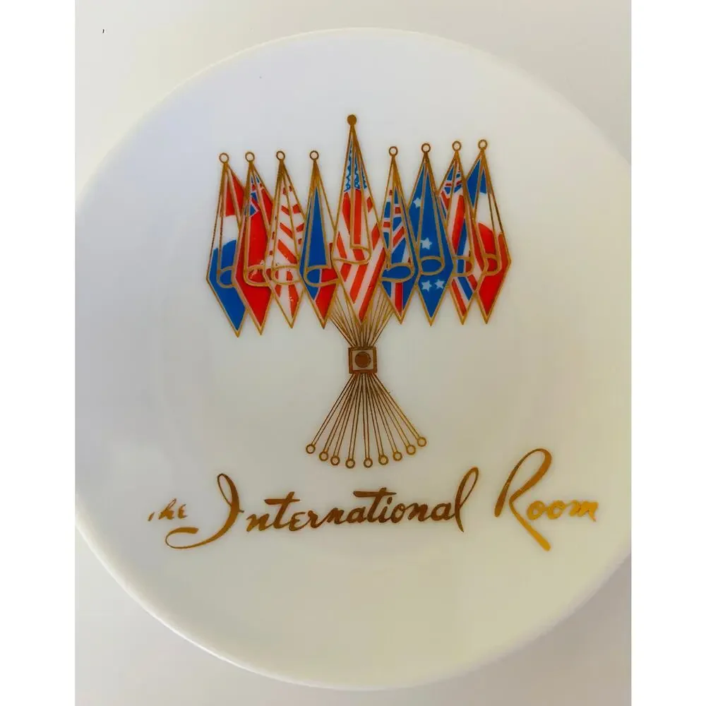 VINTAGE Airport International Room Red & Blue Porcelain 4 in Plate Butter Dish